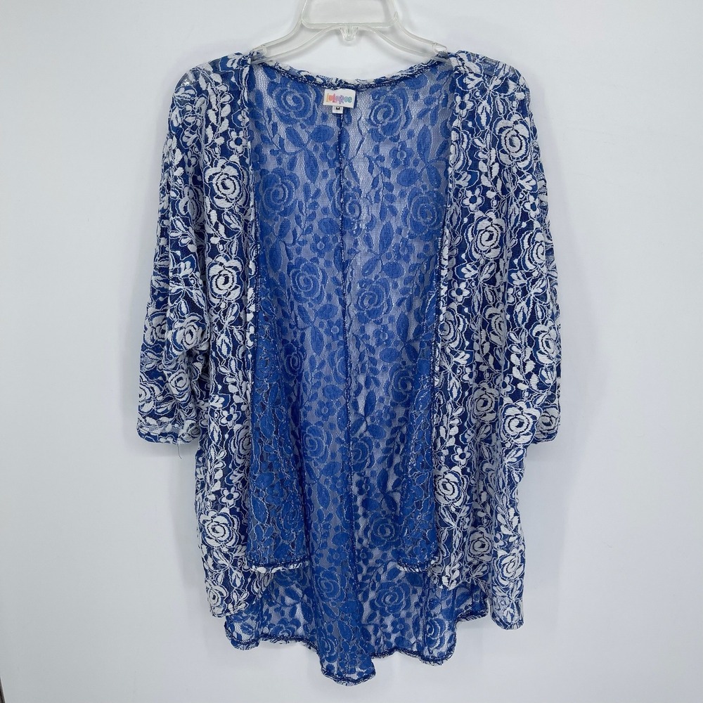 LuLaRoe Women's Blue Floral Lace Kimono Cardigan Size M